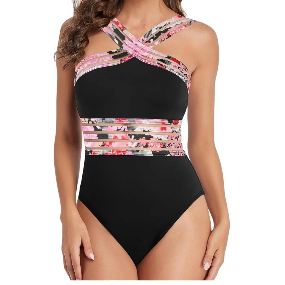 Hilor One Piece Swimsuit Women L Black Floral Mesh Crossover Resort Boho 646 NWT
